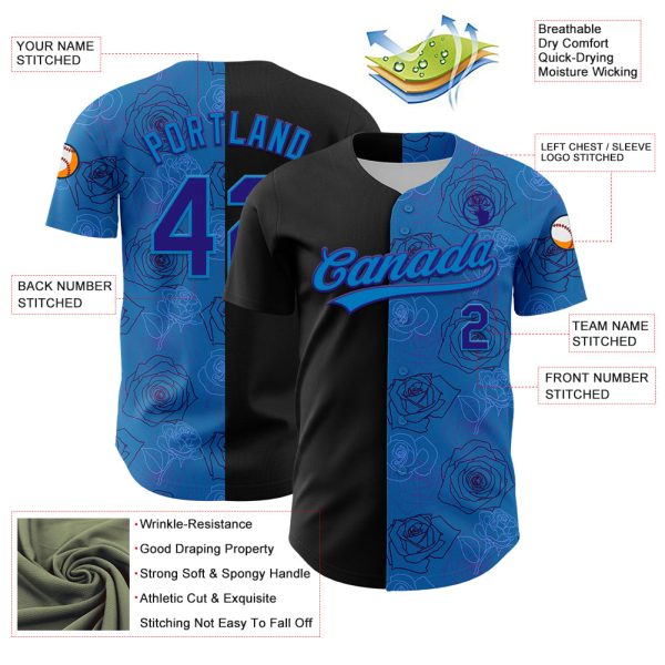 Custom Blue Dark Purple-Black 3D Pattern Design Gothic Style Rose Authentic Baseball Jersey - Image 3