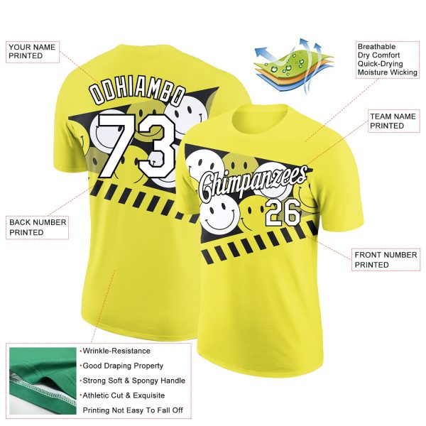 Custom Neon Yellow White-Black 3D Pattern Design Smile Emoji Performance T-Shirt - Image 2