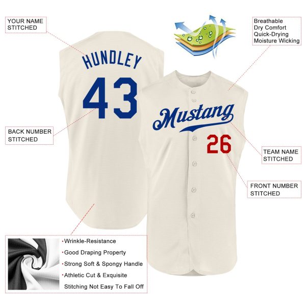 Custom Cream Royal-Red Authentic Sleeveless Baseball Jersey - Image 2