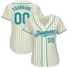Custom Cream Teal Pinstripe Teal-Gray Authentic Baseball Jersey - Image 2