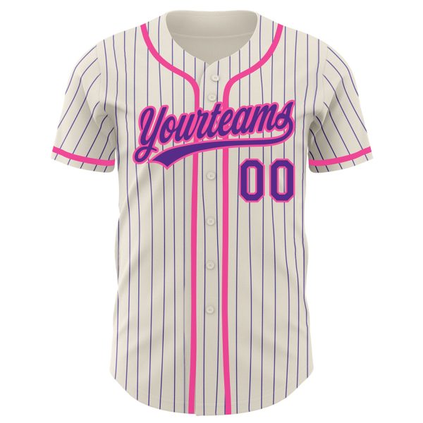 Custom Cream Purple Pinstripe Pink Authentic Baseball Jersey - Image 2