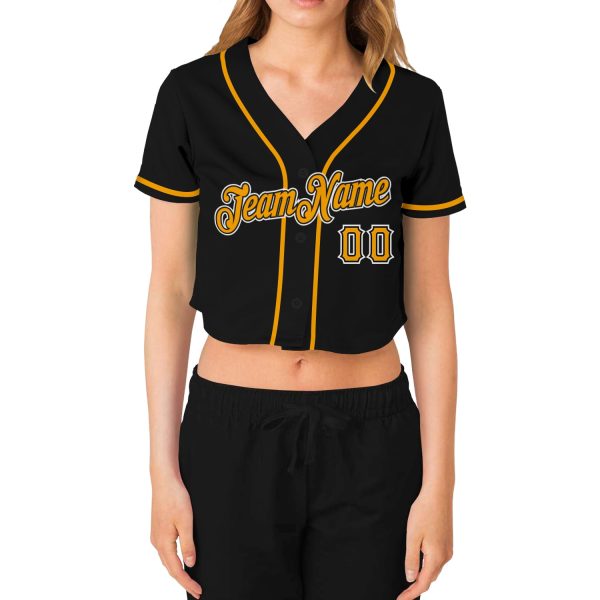 Custom Women's Black Gold-White V-Neck Cropped Baseball Jersey - Image 2
