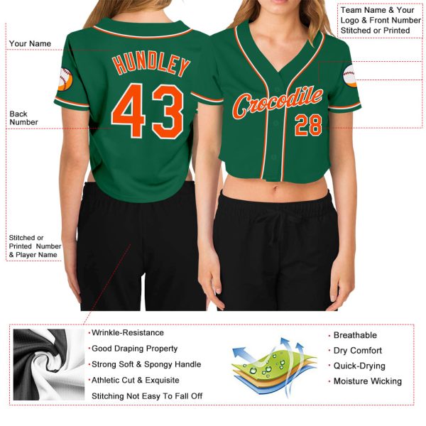 Custom Women's Kelly Green Orange-White V-Neck Cropped Baseball Jersey - Image 3