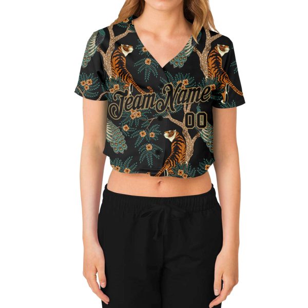 Custom Women's Black Black-Old Gold Tiger And Peacock 3D V-Neck Cropped Baseball Jersey - Image 2