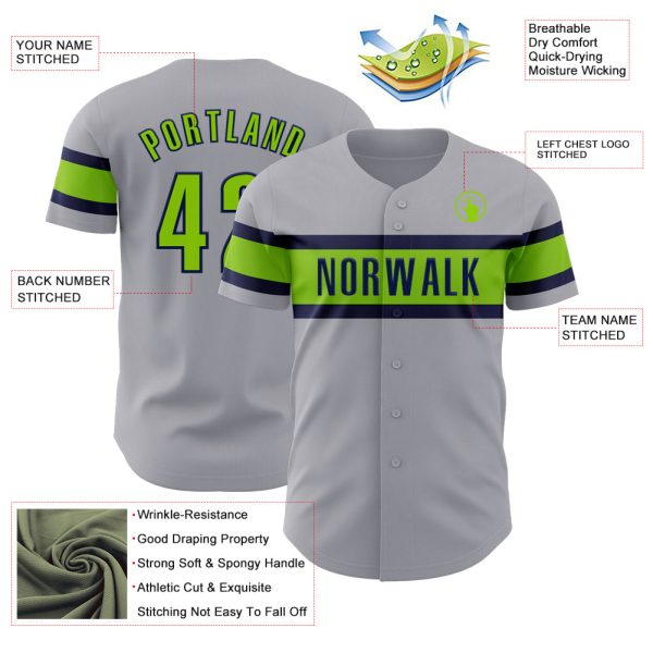 Custom Gray Neon Green-Navy Authentic Baseball Jersey - Image 3