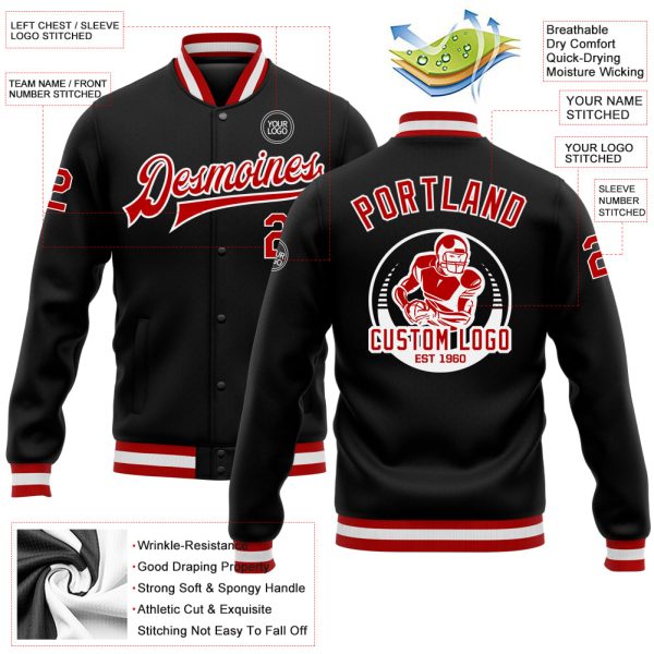 Custom Black Red-White Bomber Full-Snap Varsity Letterman Jacket - Image 3