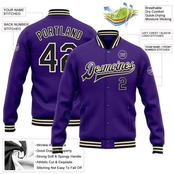 Custom Purple Black-Cream Bomber Full-Snap Varsity Letterman Jacket - Image 3