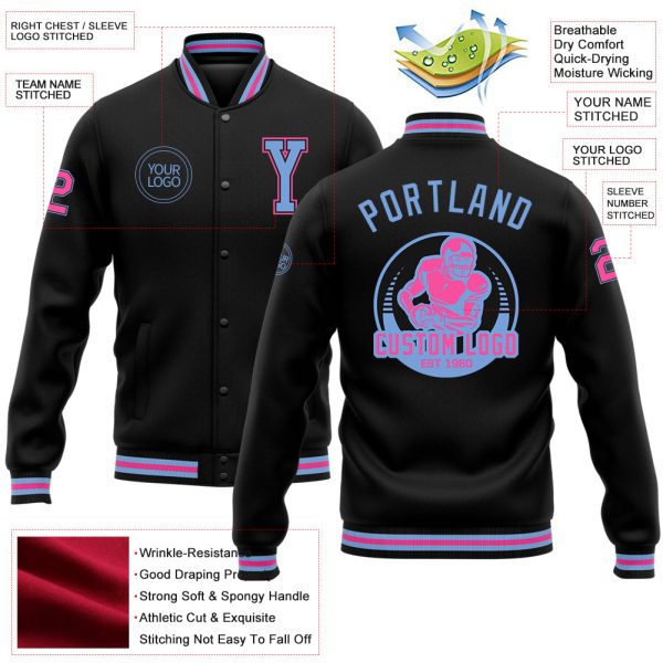 Custom Black Light Blue-Pink Bomber Full-Snap Varsity Letterman Jacket - Image 3