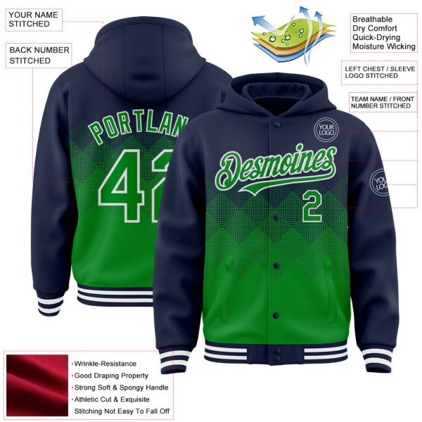 Custom Navy Grass Green-White Gradient Square Shape 3D Pattern Design Bomber Full-Snap Varsity Letterman Hoodie Jacket - Image 3