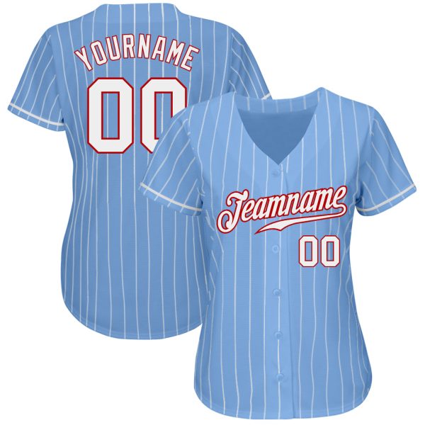 Custom Light Blue White Pinstripe White-Red Authentic Baseball Jersey - Image 2