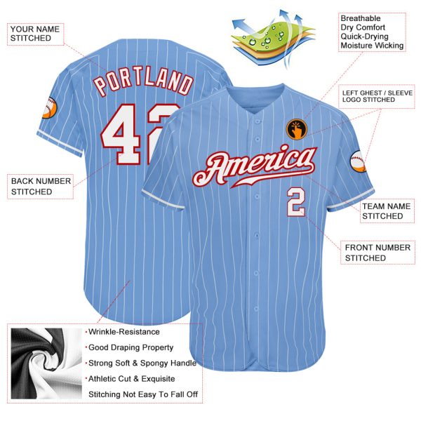Custom Light Blue White Pinstripe White-Red Authentic Baseball Jersey - Image 3