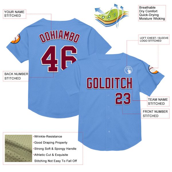 Custom Light Blue Maroon-White Mesh Authentic Throwback Baseball Jersey - Image 3