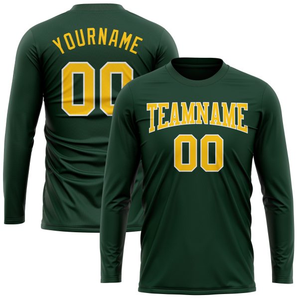 Custom Green Gold-White Long Sleeve Performance T-Shirt - Image 2