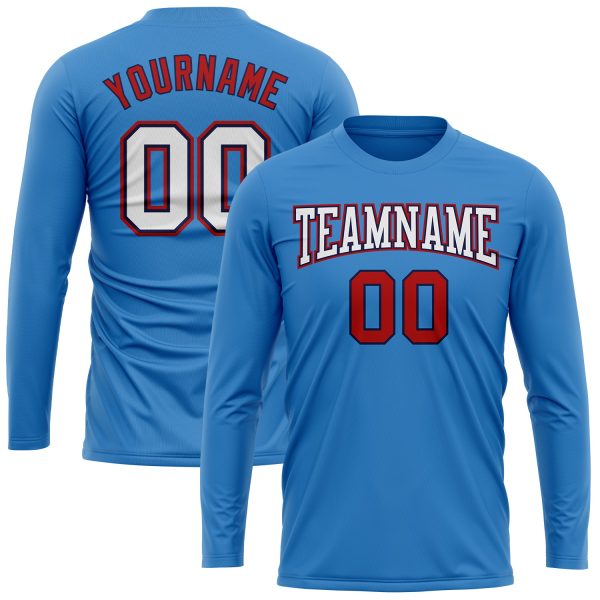 Custom Powder Blue White Red-Navy Long Sleeve Performance T-Shirt - Image 2