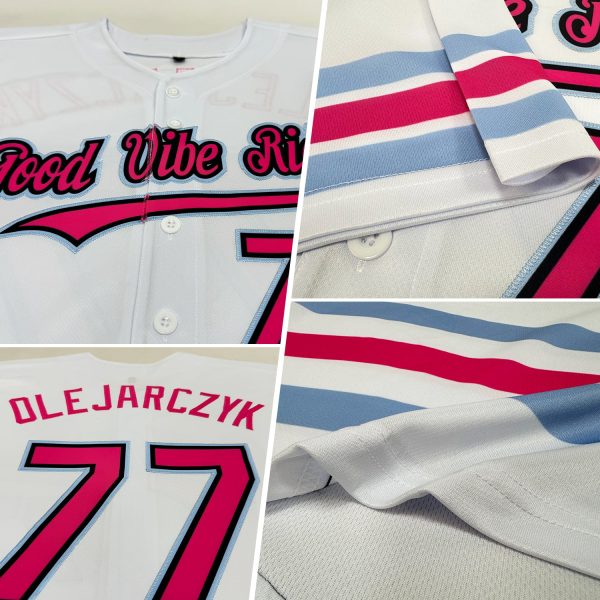 Custom White Pink Black-Light Blue Line Authentic Baseball Jersey - Image 2