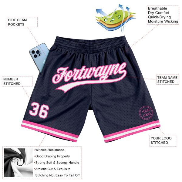 Custom Navy White-Pink Authentic Throwback Basketball Shorts - Image 2