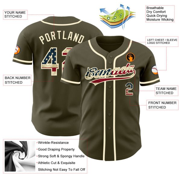 Custom Olive Vintage USA Flag-Cream Authentic Salute To Service Baseball Jersey - Image 3