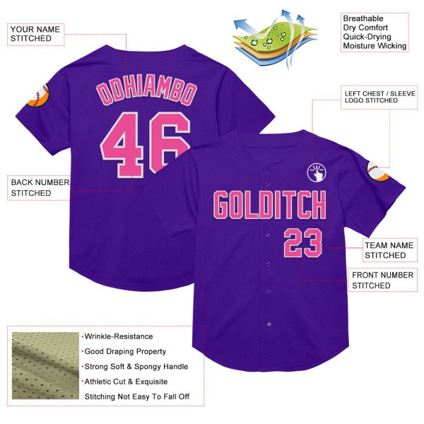 Custom Purple Pink-White Mesh Authentic Throwback Baseball Jersey - Image 3