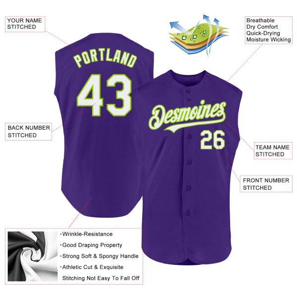 Custom Purple White-Neon Green Authentic Sleeveless Baseball Jersey - Image 2