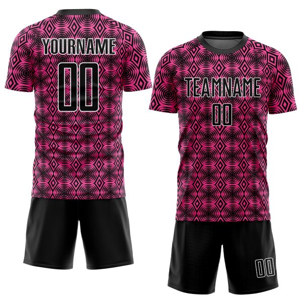 Custom Pink Black-White Geometric Shapes Sublimation Soccer Uniform Jersey - Image 2