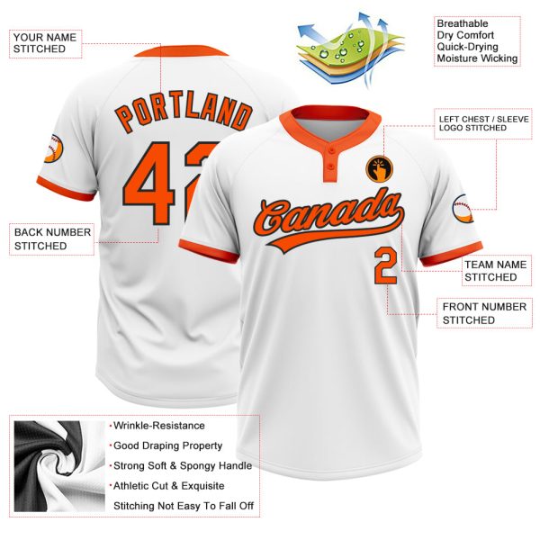 Custom White Orange-Black Two-Button Unisex Softball Jersey - Image 3