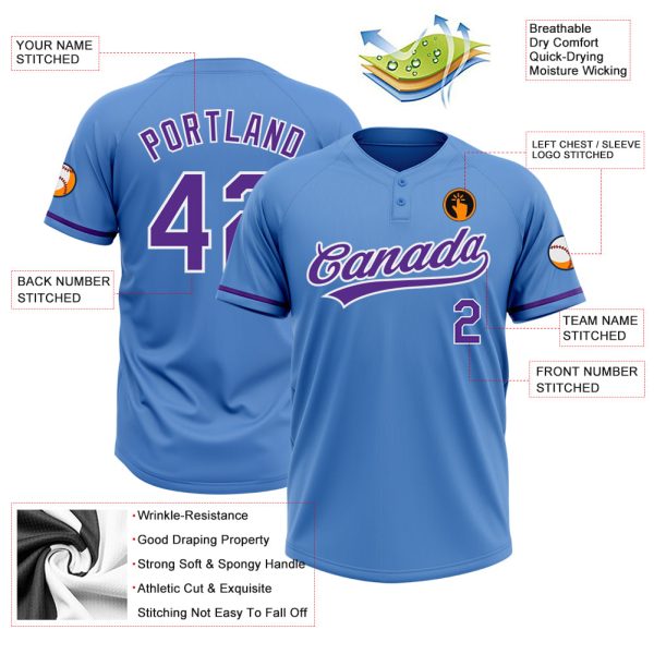 Custom Powder Blue Purple-White Two-Button Unisex Softball Jersey - Image 3