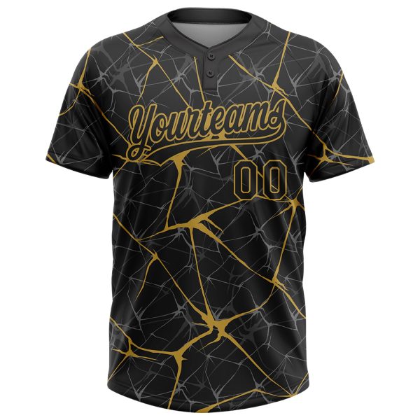 Custom Black Old Gold 3D Pattern Abstract Network Two-Button Unisex Softball Jersey - Image 2