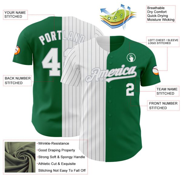 Custom Kelly Green White-Gray Pinstripe Authentic Split Fashion Baseball Jersey - Image 3