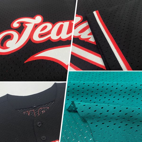 Custom Teal Black-White Mesh Authentic Throwback Baseball Jersey - Image 2