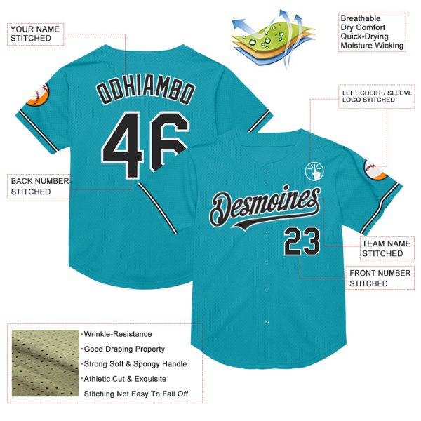 Custom Teal Black-White Mesh Authentic Throwback Baseball Jersey - Image 3