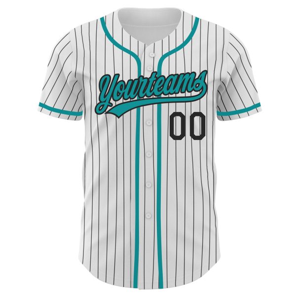 Custom White Black Pinstripe Teal Authentic Baseball Jersey - Image 2