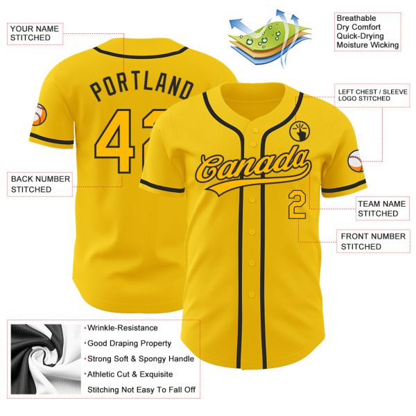 Custom Yellow Gold-Black Authentic Baseball Jersey - Image 3