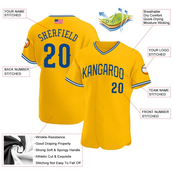 Custom Gold Royal-White Authentic American Flag Fashion Baseball Jersey - Image 3