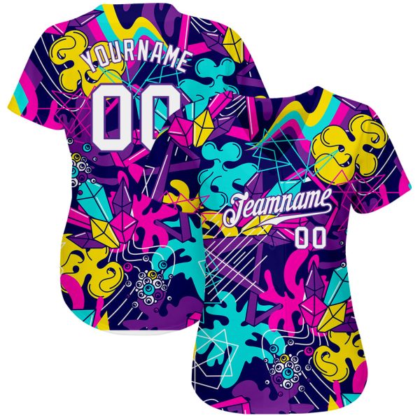 Custom Graffiti Pattern White-Purple 3D Authentic Baseball Jersey - Image 2