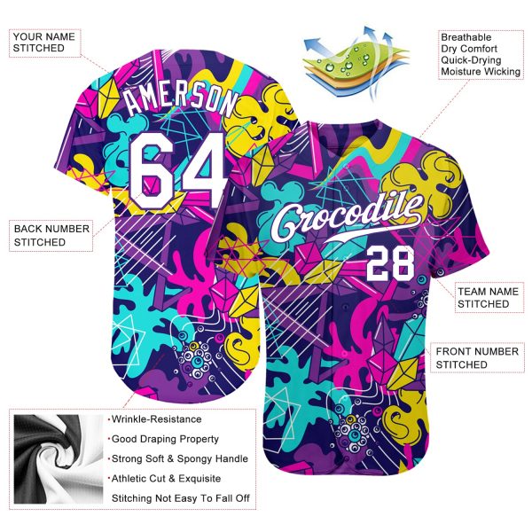 Custom Graffiti Pattern White-Purple 3D Authentic Baseball Jersey - Image 3